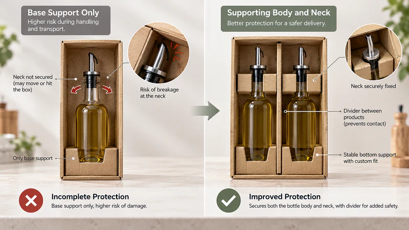 Comparison of incomplete and improved internal support for glass kitchenware packaging.