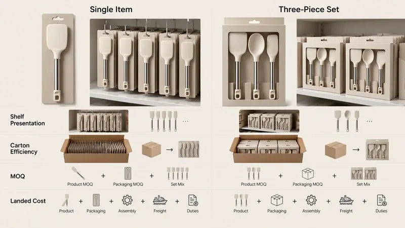 Single-item and three-piece set packaging compared by shelf presentation, carton efficiency, MOQ, and landed-cost impact.