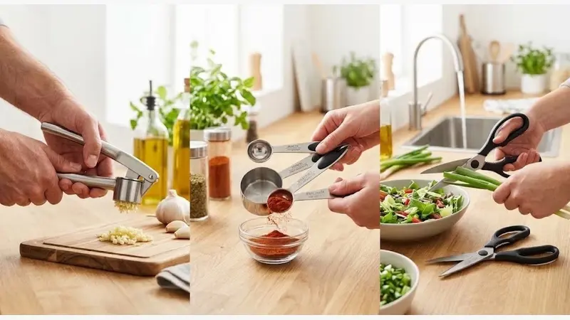 Single-function kitchen gadgets designed for pressing, measuring, and cutting tasks.