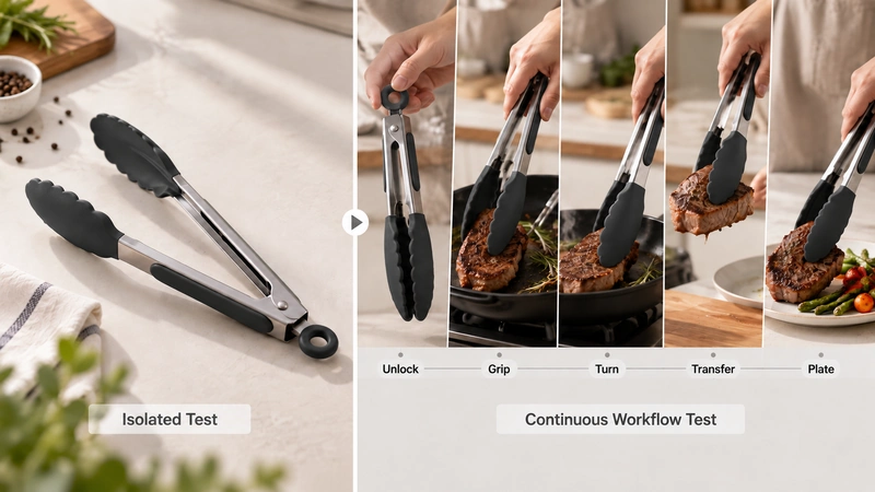 Split-screen infographic comparing an isolated tong test with a continuous workflow test involving unlocking, gripping, turning, transferring, and plating food.
