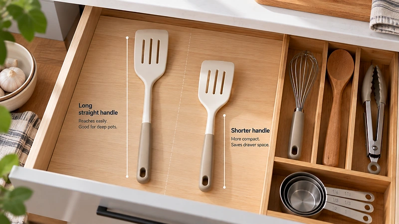  Side-by-side comparison of a long straight handle and a shorter, slightly curved handle inside the same kitchen drawer.