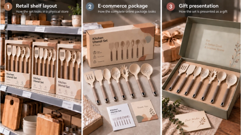 Show three anonymized simulations of the original assortment: placement within a retail shelf layout, review of the complete e-commerce package, and opening of the proposed gift presentation.