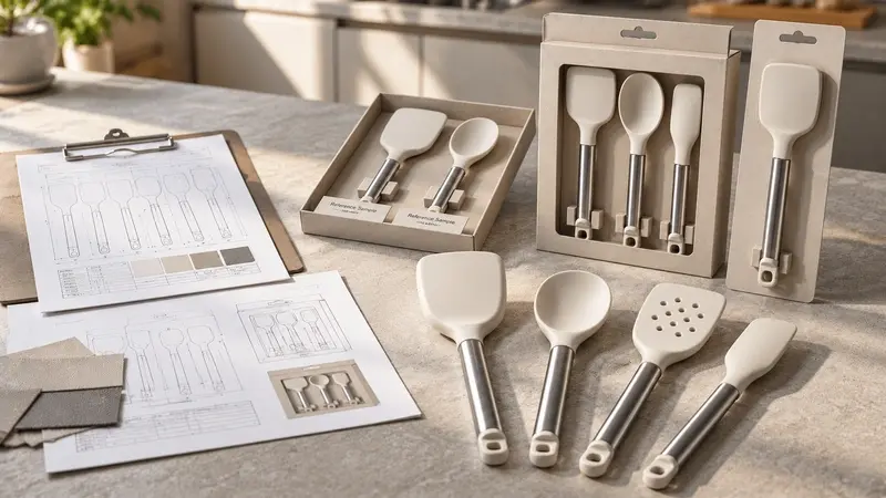 A finished private-label silicone spatula collection shown with approved samples, retail packaging, and production specification documents.