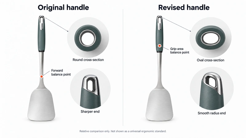 A technical comparison of the original and revised turner handles, showing round versus oval cross-sections, forward versus grip-area balance points, and a sharp versus smoothly radiused handle end. Avoid presenting any dimensions as universal ergonomic standards.