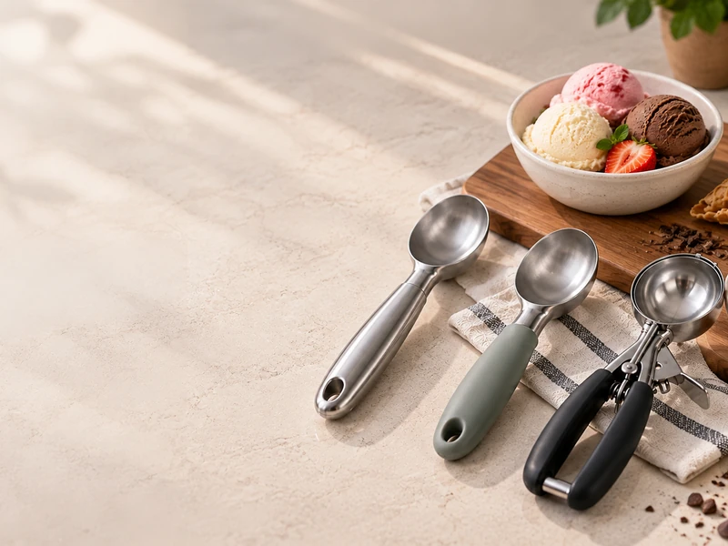 l-tools ice cream scoop with ergonomic handle for serving desserts and frozen foods.