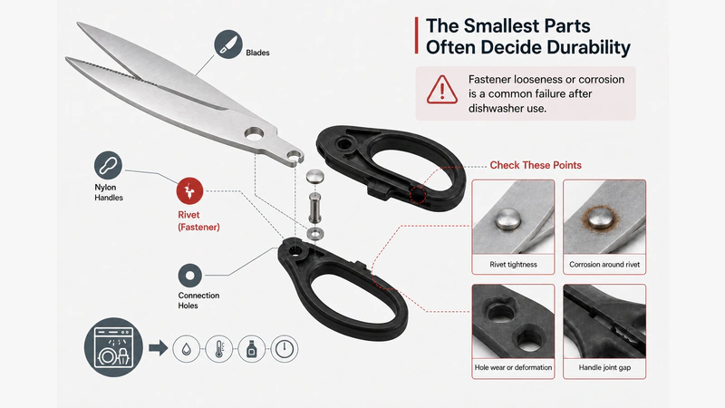 Kitchen shears assembly showing the fastener as a dishwasher durability risk