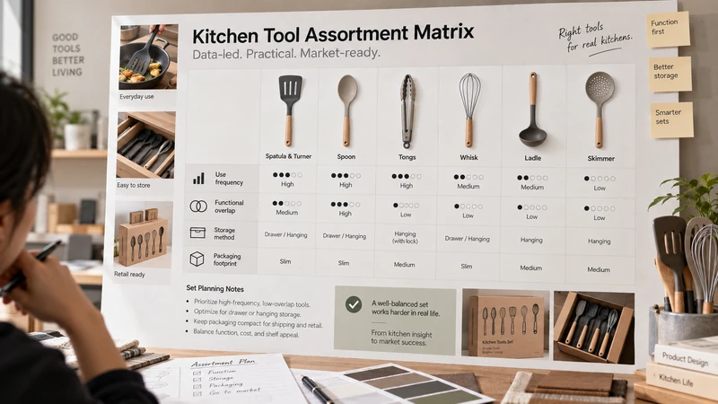 A buyer-facing assortment matrix comparing use frequency, functional overlap, storage method, and packaging footprint before a kitchen tool set is approved.