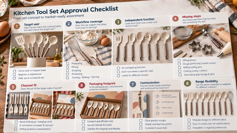 A B2B kitchen tool set approval checklist covering target user, workflow, independent functions, missing steps, channel fit, packaging footprint, communication, and range flexibility.