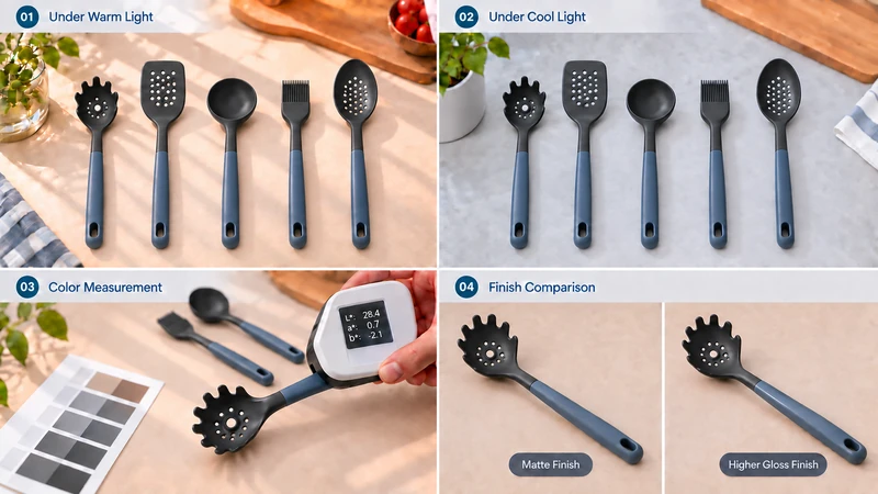 Show the complete product range being reviewed under two controlled light conditions, followed by color measurement and a side-by-side gloss comparison. Do not display confidential formulas or tolerance values.
