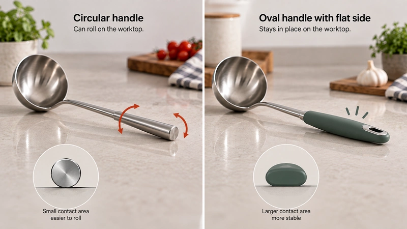 Side-by-side technical illustration of a circular polished ladle handle and an oval handle with a flat positioning surface, showing how each rests on the same worktop