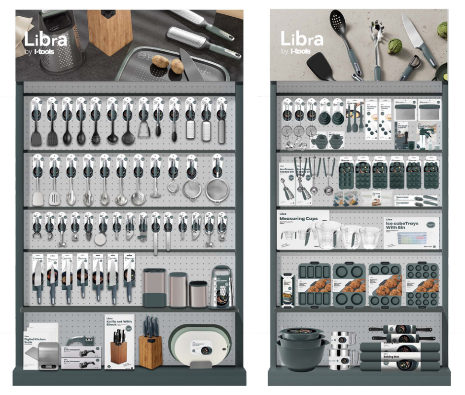L-TOOLS retail display shelves filled with L-TOOLS kitchen tools, emphasizing product variety and presentation.