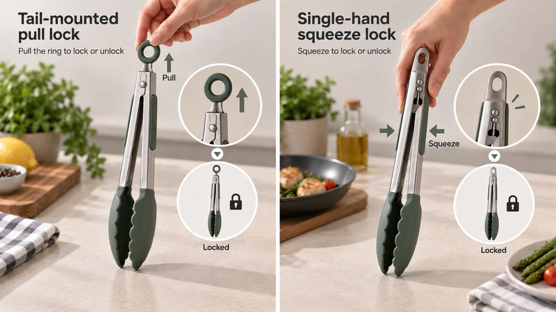 Structural comparison between a tail-mounted pull lock and a thumb-operated sliding lock, showing the hand movements required by each design.