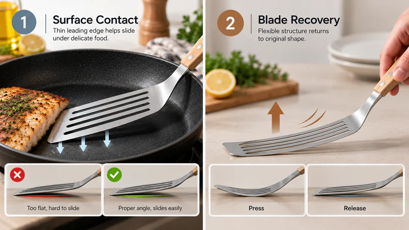A two-step diagram showing the surface-conformity check in a flat pan and the manual leading-edge recovery check.