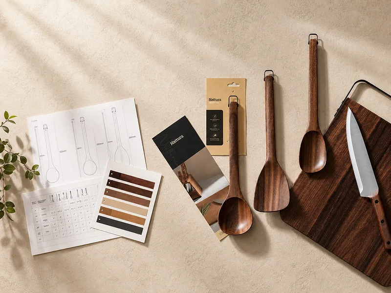 L-TOOLS natural wooden kitchen utensils featuring spoons and spatulas for cooking and serving.