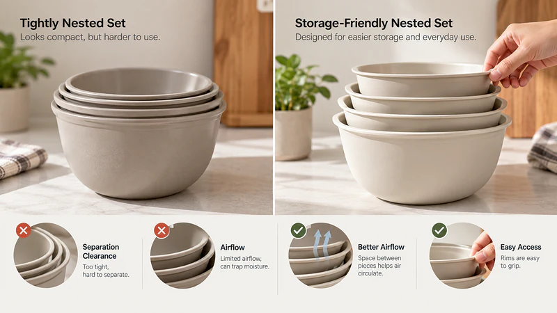 Comparison between a tightly nested set and a storage-friendly nested set, showing separation clearance, airflow, stacking stability, and hand access.