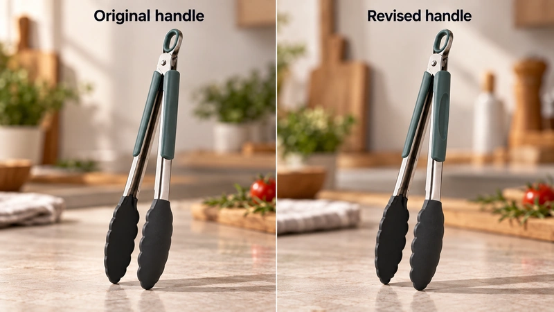 An annotated before-and-after tong-handle comparison showing shallow versus revised cleanable texture, round versus subtly angular oval cross-sections, and the addition of a thumb-positioning feature.