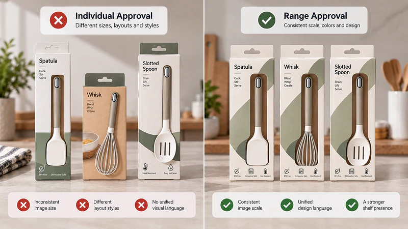 On the left, three baking-tool packages reviewed separately with inconsistent image sizes. On the right, the same packages arranged together with unified scale, color, logo placement and typography.