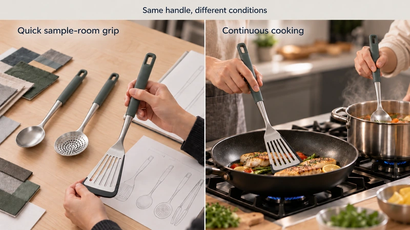 A split-scene comparison showing a quick sample-room grip on the left and continuous cooking with repeated flipping and stirring on the right. The image should emphasize that the same handle is being evaluated under different conditions.