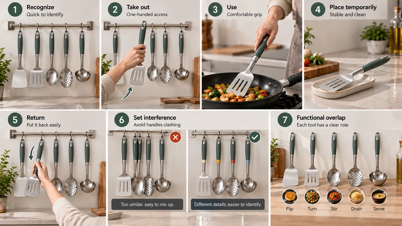 A buyer-facing workflow testing checklist showing recognition, one-handed access, grip transition, temporary placement, return path, set interference, and functional overlap.