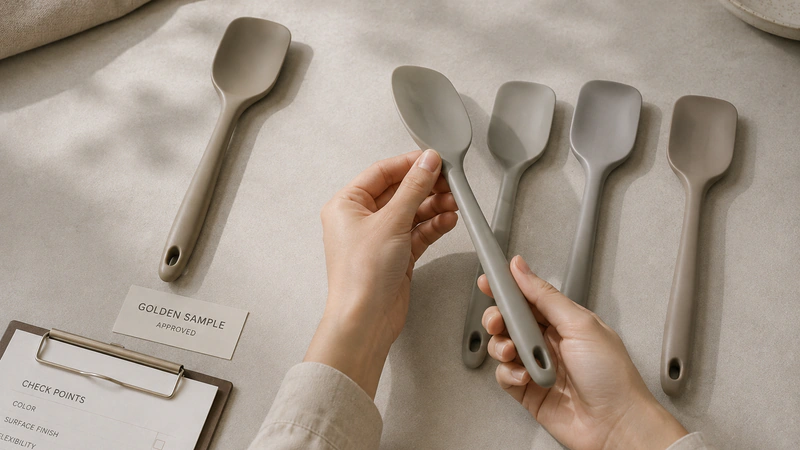 Approved golden sample compared with trial-production nylon kitchen utensils.