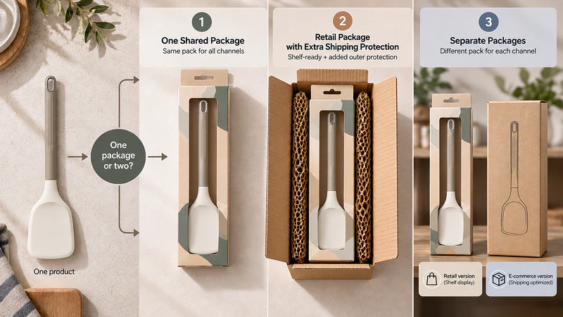 A decision graphic showing one product moving toward either a shared package, a retail package with additional shipping protection, or separate retail and e-commerce versions.