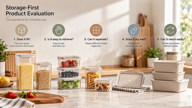 A storage-first product evaluation diagram showing five questions—Does it fit, retrieve, separate, dry, and return easily