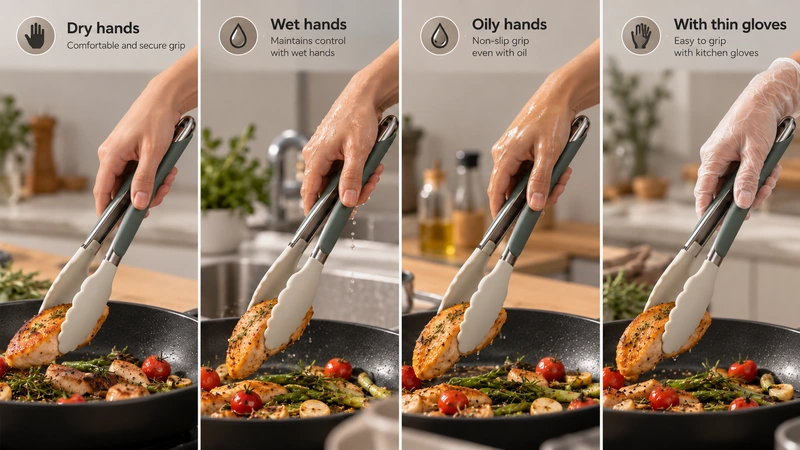 The same pair of silicone-tipped kitchen tongs being tested with dry hands, wet hands, oily hands, and thin kitchen gloves. Each condition should show the same gripping and food-transfer action.