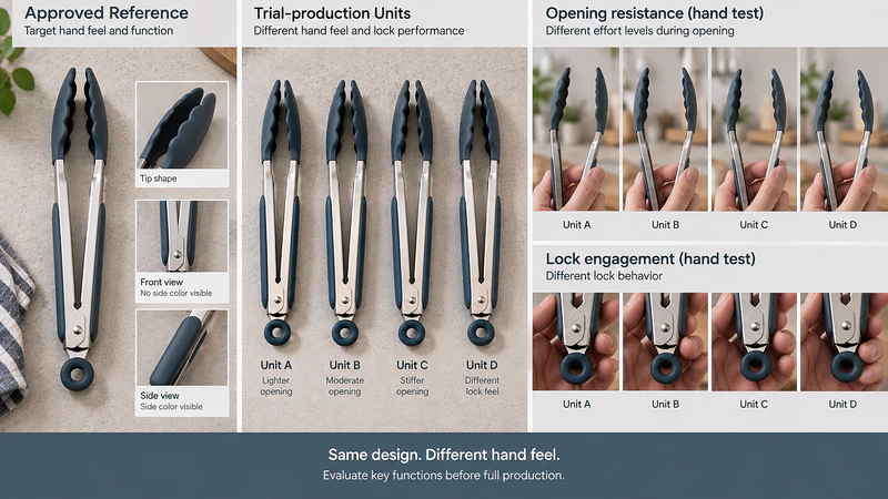 Comparison between one approved pair of locking tongs and several anonymized trial-production units showing different opening resistance and lock engagement. Do not display confidential measurements.