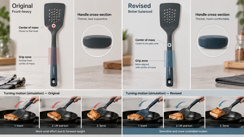 Side-by-side diagram of the original front-heavy spatula and the revised version, showing the relationship between the center of mass, grip zone, handle cross-section, and simulated turning motion.