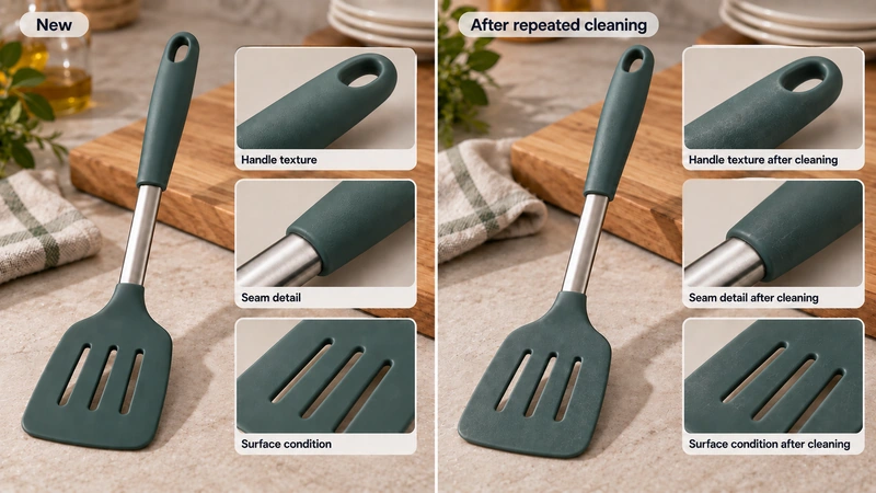 A side-by-side comparison of a new silicone-handled turner and samples after repeated cleaning, focusing on surface condition, texture clarity, seams, and grip areas without using exaggerated damage effects.