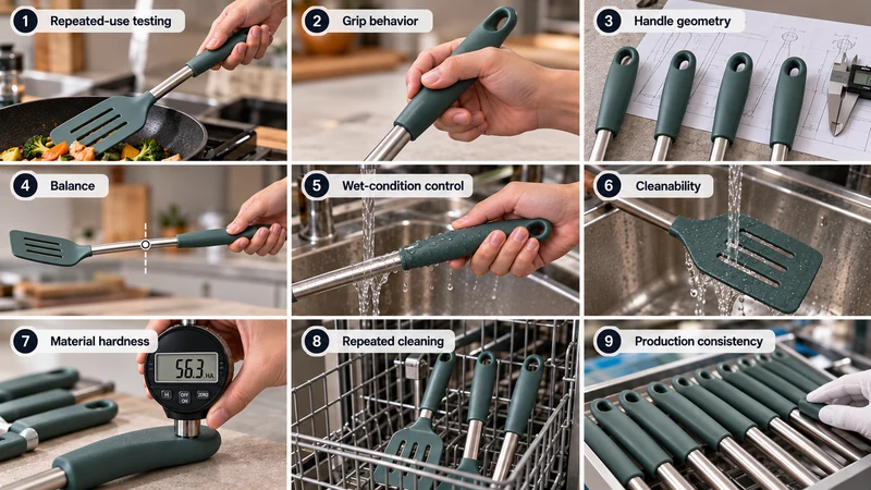 A clean B2B kitchen-tool comfort checklist covering repeated-use testing, grip behavior, handle geometry, balance, wet-condition control, cleanability, material hardness, repeated cleaning, and production consistency.