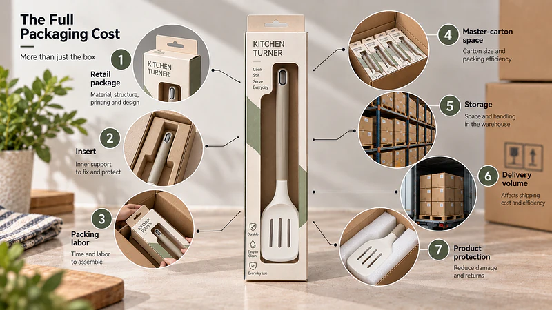 An infographic showing that packaging cost includes the retail package, insert, packing labor, master-carton space, storage, delivery volume and product protection. Do not display exact prices or percentages.