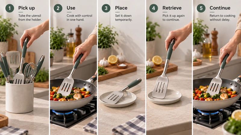 A workflow illustration showing one hand controlling a pan while the other hand picks up, uses, places, and retrieves a utensil. Highlight the transition points that may interrupt cooking.