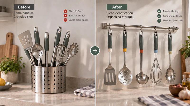 Before-and-after comparison of a kitchen utensil set. Show identical handles and crowded rack slots on one side, and differentiated identification rings, varied handle lengths, and independent storage positions on the other.