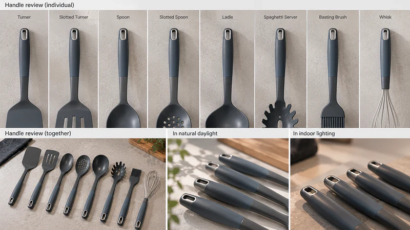 A series of gray silicone and nylon kitchen tool handles reviewed separately and then arranged together under controlled daylight and indoor lighting