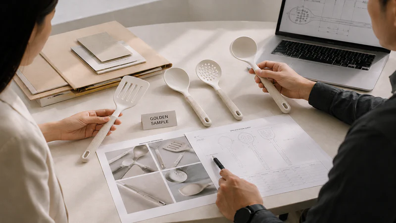 Buyer and quality engineer reviewing kitchenware specifications before mass production.