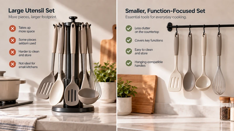 Side-by-side comparison of a large utensil set with a countertop stand and a smaller, function-focused set with hanging-compatible handles.