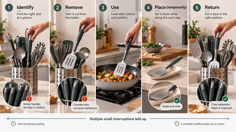 A workflow map showing how a user identifies, removes, uses, temporarily places, and returns multiple utensils during cooking. Mark the points where visual similarity or rack interference can create delays.