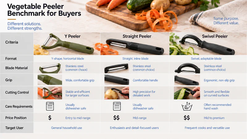 Buyer benchmark matrix comparing format, blade material, grip, cutting control, care requirements, price position, and target user. Alt text: Vegetable peeler product benchmark criteria for retail buyers.