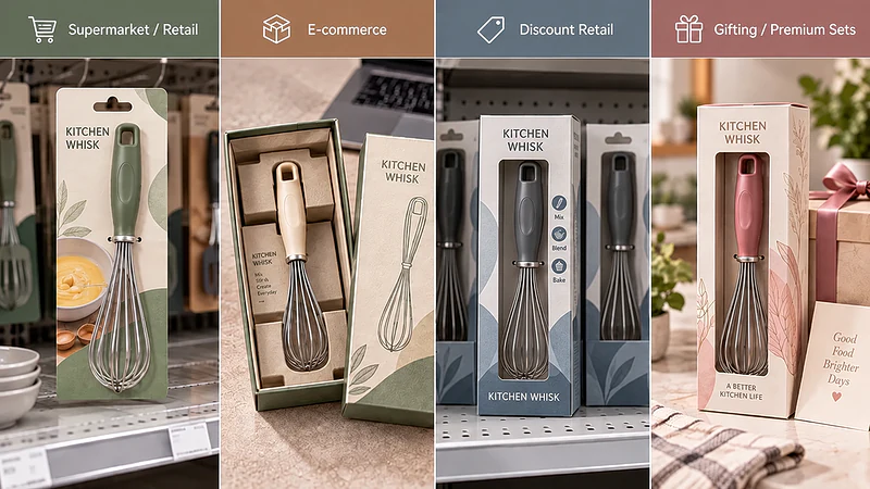 Four kitchenware packages adapted for supermarket, e-commerce, discount retail and gifting. Show differences in visibility, compactness, durability and presentation without using third-party retailer logos.