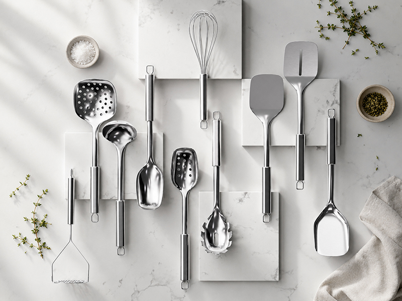 L-TOOLS stainless steel kitchen utensil series including spatulas, spoons, and cooking tools.