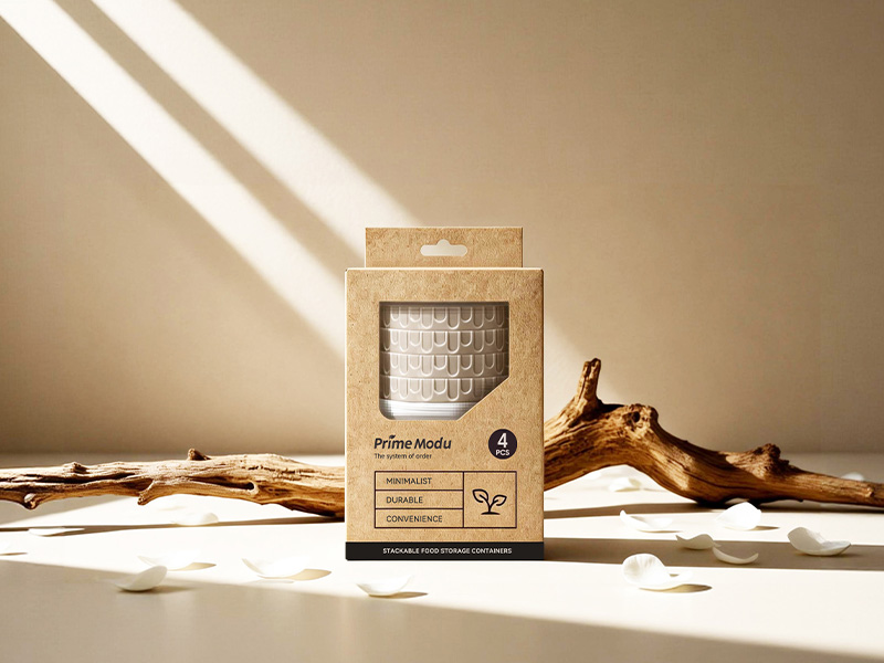 L-TOOLS kraft packaging for kitchen products on a counter, highlighting eco-friendly and sustainable design.