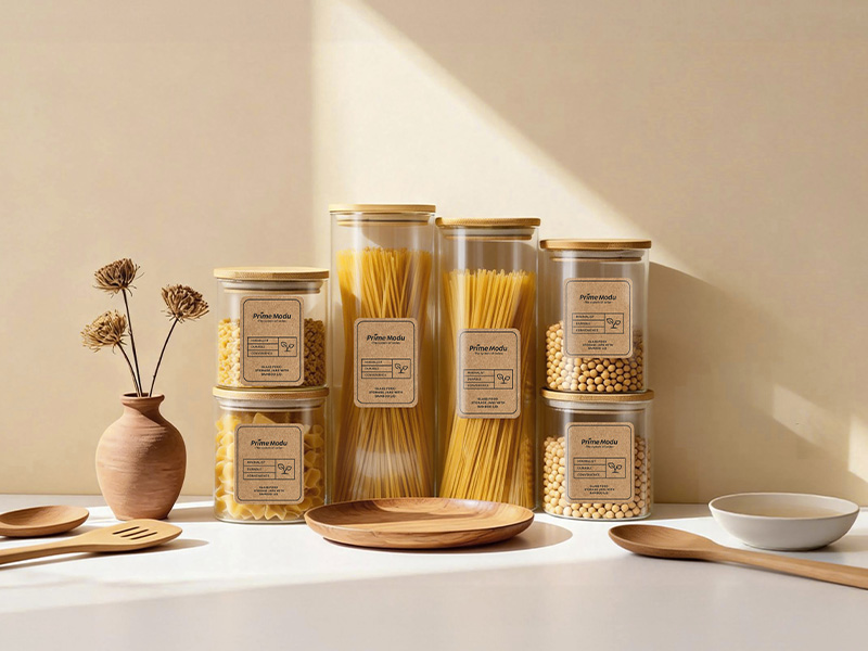 L-TOOLS pantry storage jars and spice containers arranged neatly, showcasing organized kitchen essentials.