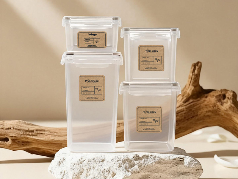 L-TOOLS transparent food storage containers with labels, highlighting organized kitchen storage solutions.
