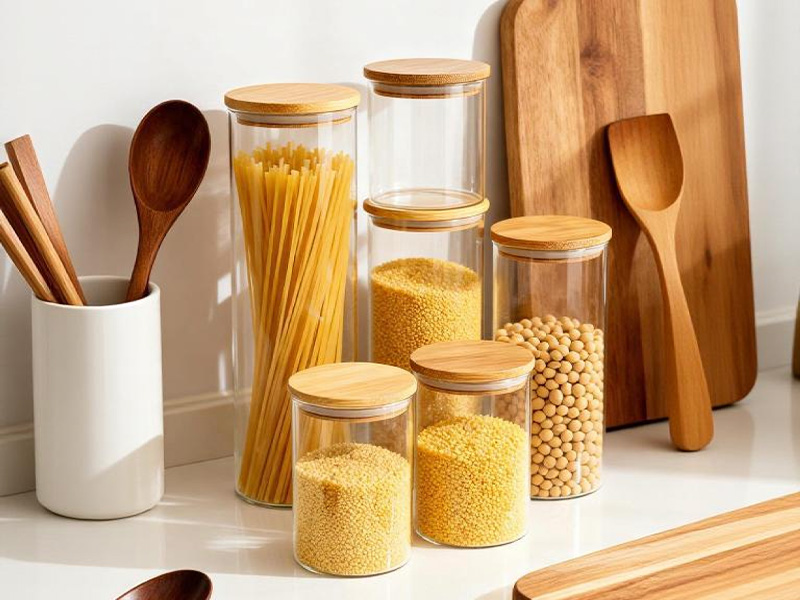 L-TOOLS set of glass and wooden kitchen storage jars holding pasta, grains, and legumes, showcasing organized pantry solutions.