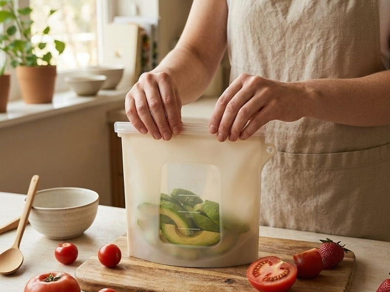 L-TOOLS person placing ingredients into a storage container, highlighting practical kitchen organization.