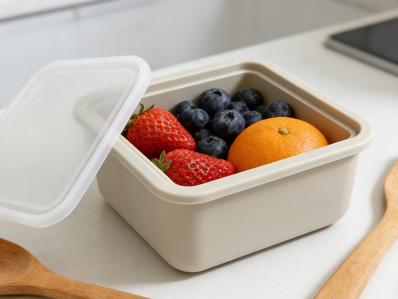L-TOOLS rectangular food storage container filled with fresh fruit, emphasizing organized and healthy food storage.