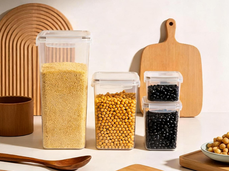 L-TOOLS tall and short airtight storage jars with wooden lids, emphasizing organized pantry and dry food storage.