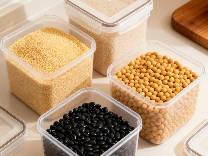 L-TOOLS clear containers filled with various grains and legumes, showcasing practical food storage solutions.