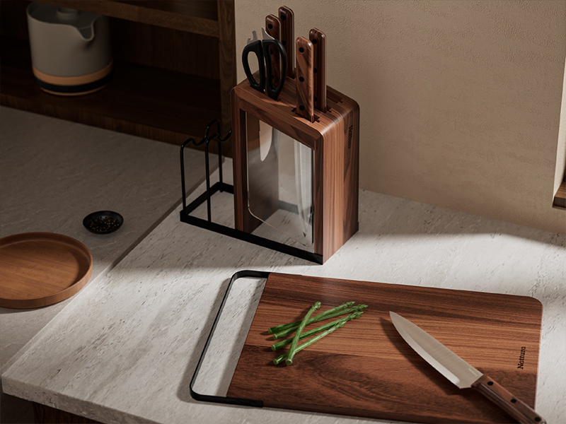 L-TOOLS knife block and cutting board set for safe food preparation and organized kitchens.